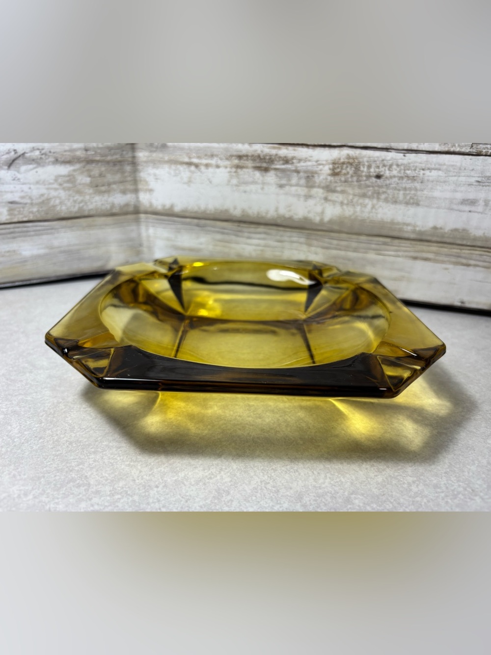 Vintage Anchor Hocking square amber glass ashtray with clipped corners